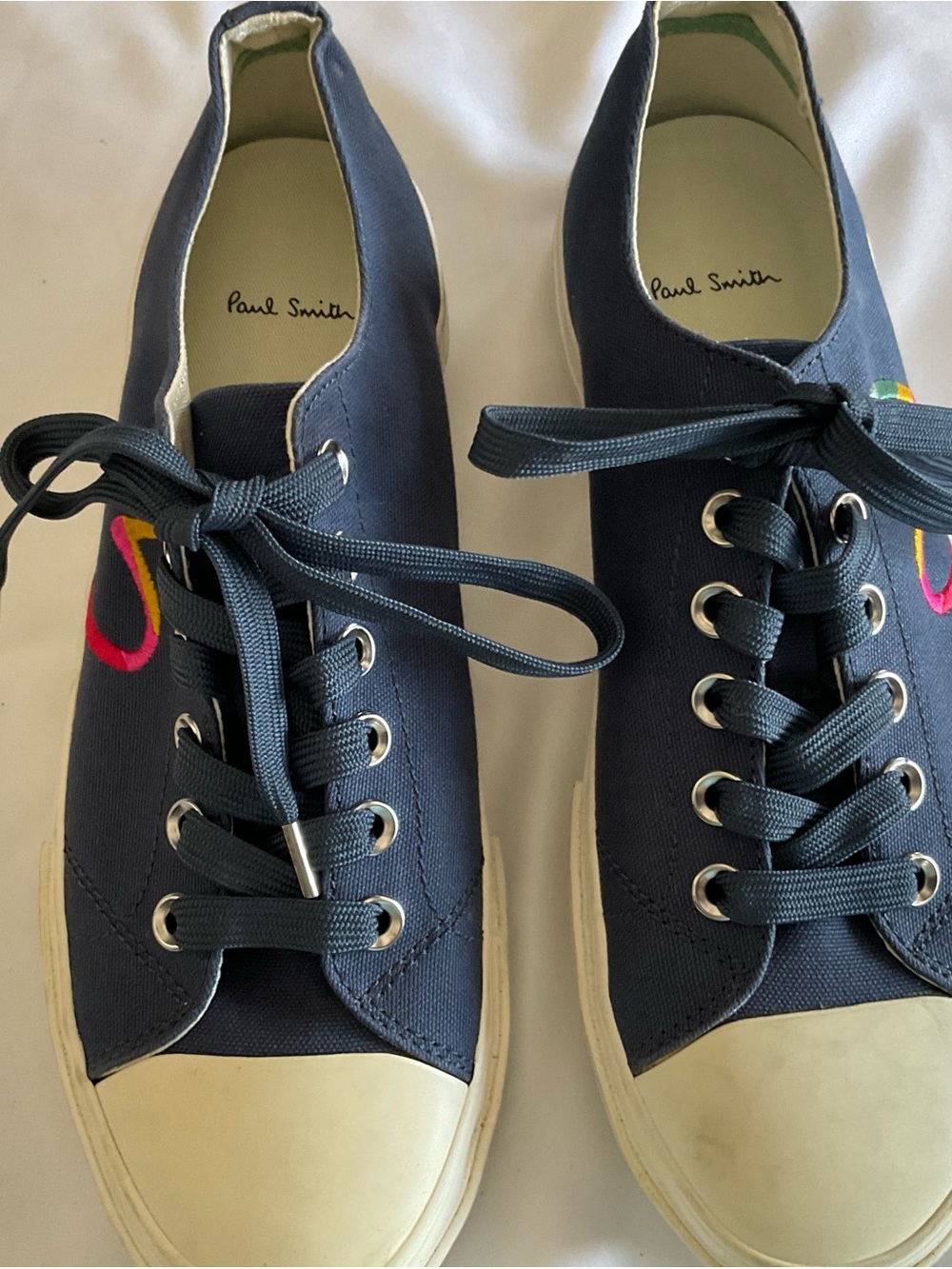 Paul Smith Navy Canvas Slip-On Sneakers with Multicolor Stripe sz 40 NWT